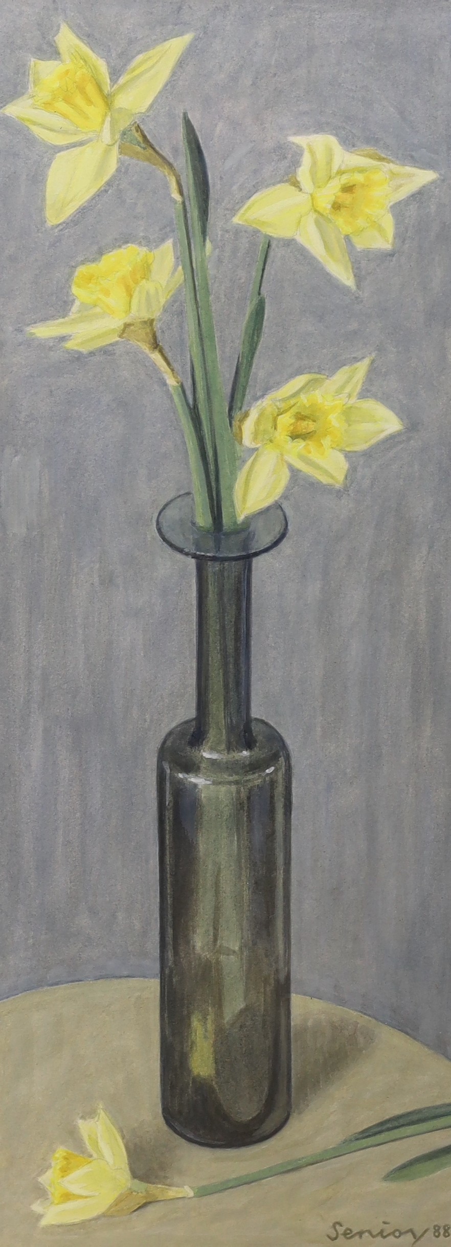 Bryan Senior (British b.1935), acrylic on paper, 'Daffodils in grey vase', signed and dated '88 43 x 16.5cm